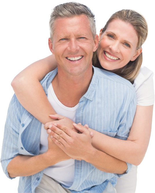 Smiling woman hugging man from behind