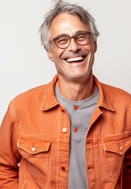 smiling mature man in orange jacket